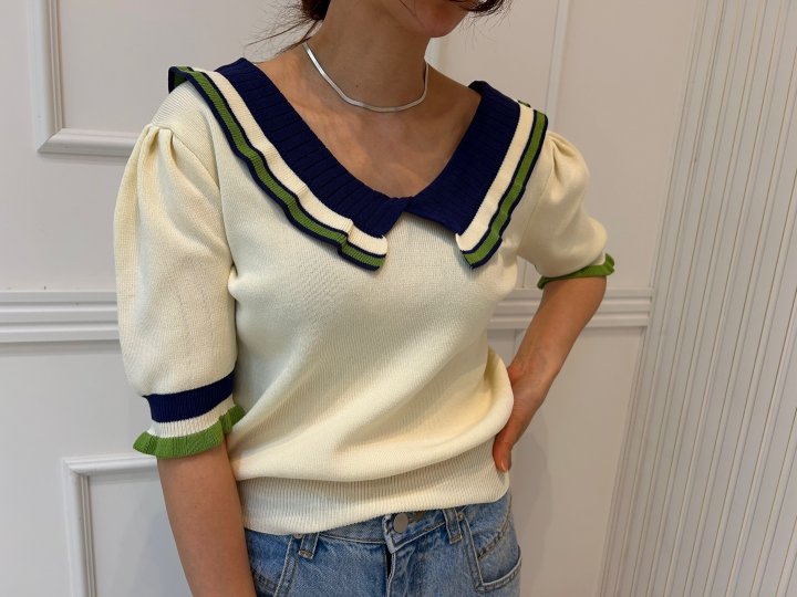 Pearls room - Korean Women Fashion - #thatsdarling - Contrast V Frill Short Sleeve Knit - 9