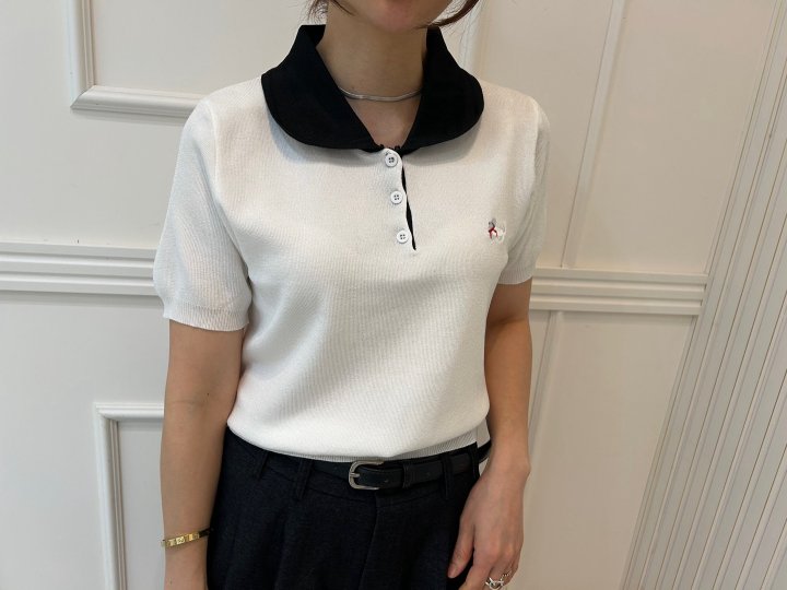 Pearls room - Korean Women Fashion - #thatsdarling - Contrast Round Collar Short Sleeve Knit - 11