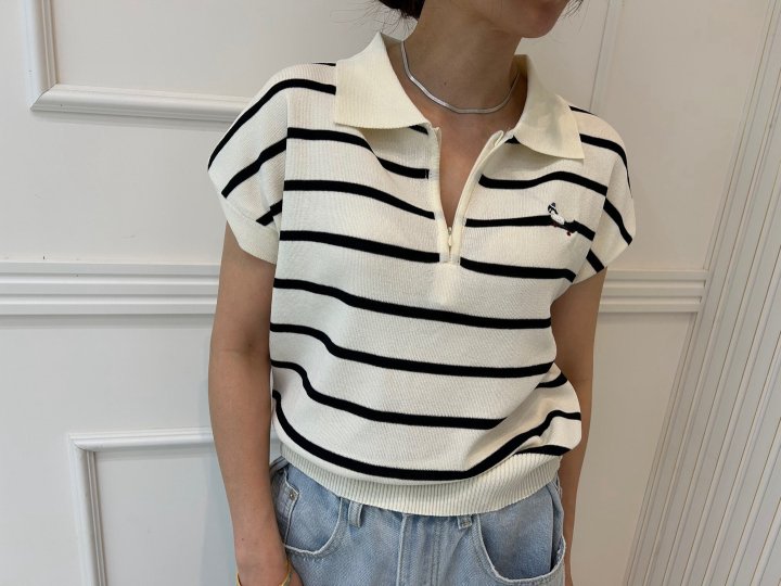 Pearls room - Korean Women Fashion - #shopsmall - Zipper Embroidery Short Sleeve Knit - 4