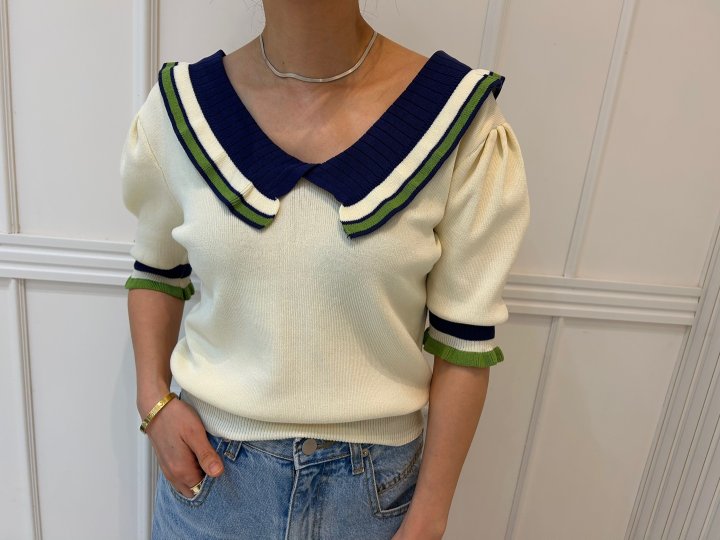 Pearls room - Korean Women Fashion - #thelittlethings - Contrast V Frill Short Sleeve Knit - 10