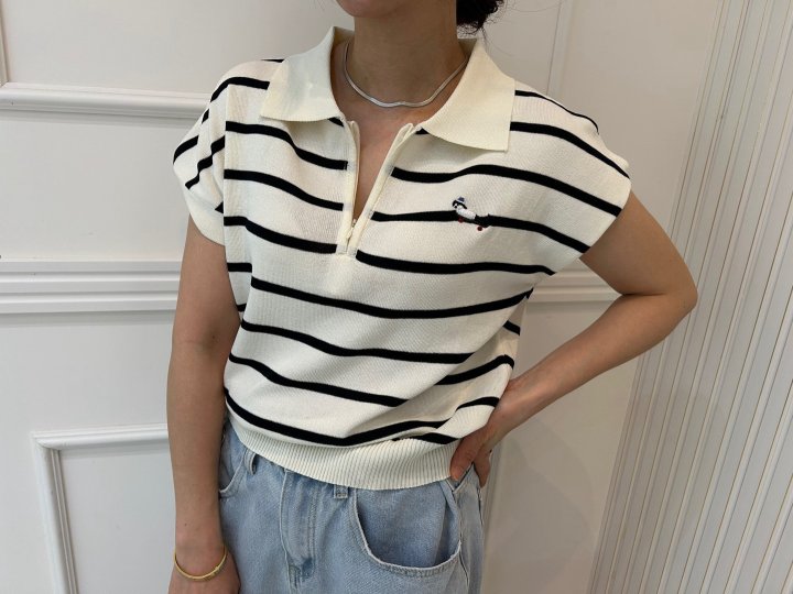 Pearls room - Korean Women Fashion - #thelittlethings - Zipper Embroidery Short Sleeve Knit - 5