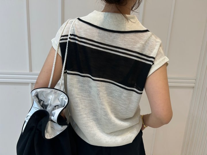 Pearls room - Korean Women Fashion - #vintageinspired - Stripe Contrast Short Sleeve Knit - 5