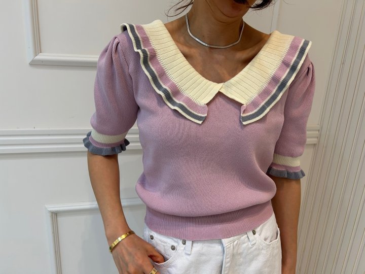Pearls room - Korean Women Fashion - #vintageinspired - Contrast V Frill Short Sleeve Knit - 3