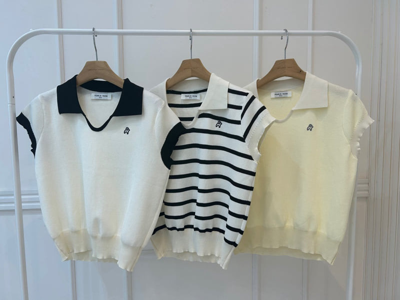Pearls room - Korean Women Fashion - #vintageinspired - Contrast Embroidery Short Sleeve Collar Knit - 12