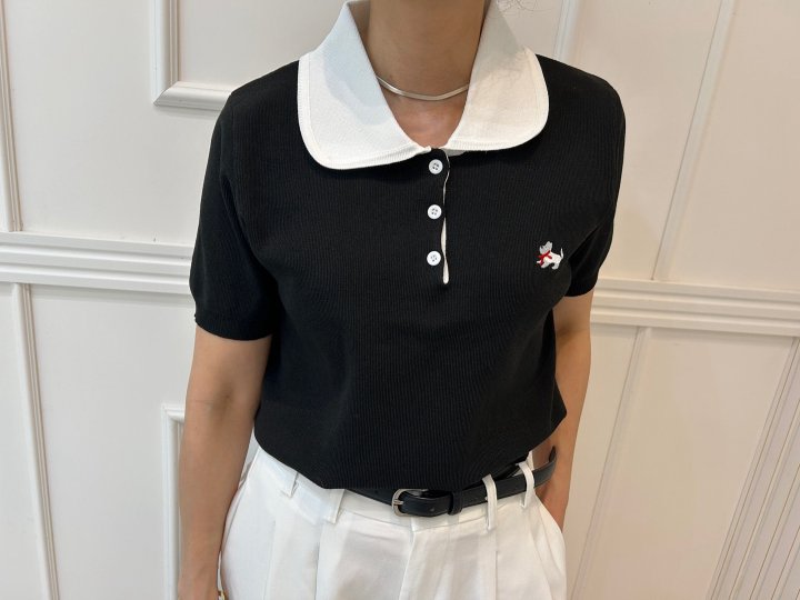 Pearls room - Korean Women Fashion - #vintageinspired - Contrast Round Collar Short Sleeve Knit - 5
