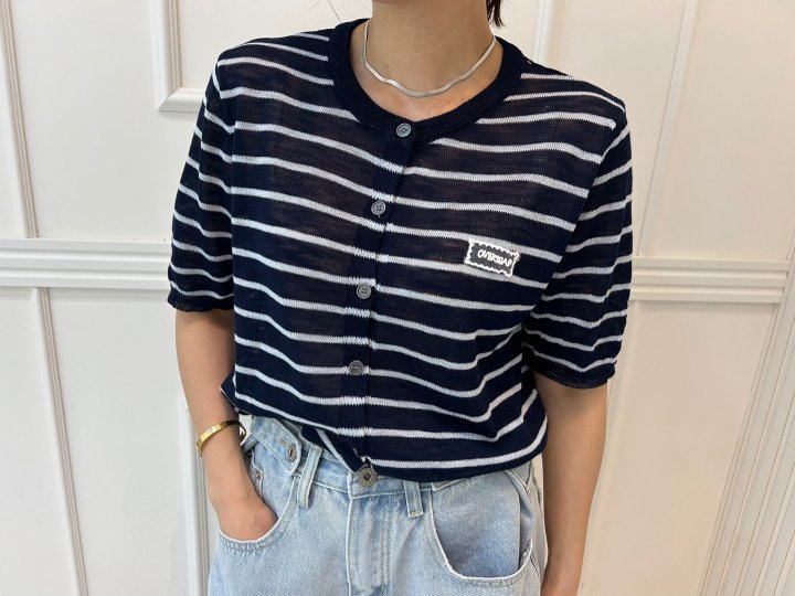 Pearls room - Korean Women Fashion - #vintageinspired - Stripe Lace Patch Cardigan - 3