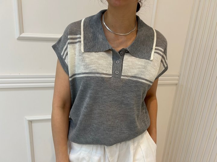 Pearls room - Korean Women Fashion - #vintagekidsstyle - Stripe Contrast Short Sleeve Knit - 6