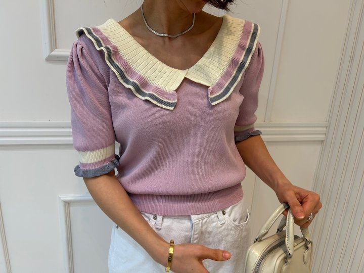 Pearls room - Korean Women Fashion - #vintageinspired - Contrast V Frill Short Sleeve Knit - 4