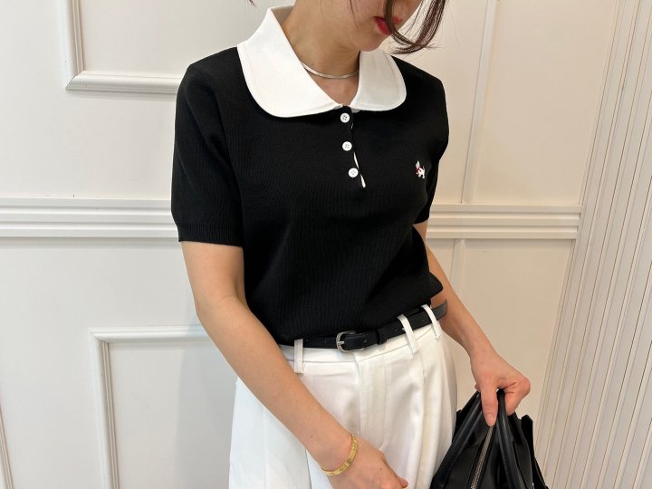 Pearls room - Korean Women Fashion - #vintagekidsstyle - Contrast Round Collar Short Sleeve Knit - 6