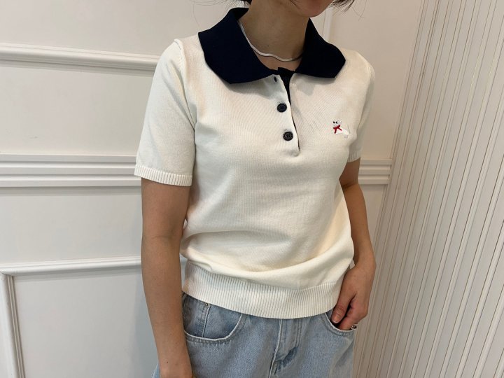 Pearls room - Korean Women Fashion - #womensfashion - Bold Ribbon Embroidery Short Sleeve Knit - 12