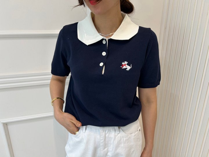 Pearls room - Korean Women Fashion - #womensfashion - Bold Ribbon Embroidery Short Sleeve Knit - 2