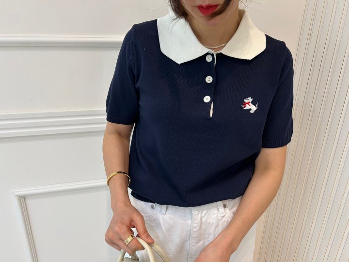 Pearls room - Korean Women Fashion - #momslook - Bold Ribbon Embroidery Short Sleeve Knit - 4