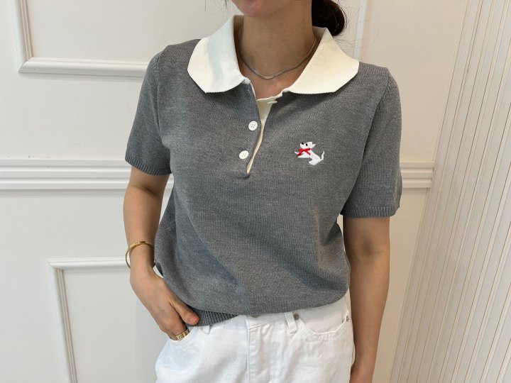 Pearls room - Korean Women Fashion - #womensfashion - Bold Ribbon Embroidery Short Sleeve Knit - 6