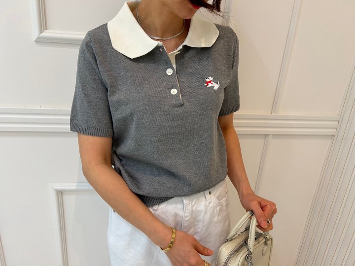 Pearls room - Korean Women Fashion - #womensfashion - Bold Ribbon Embroidery Short Sleeve Knit - 8