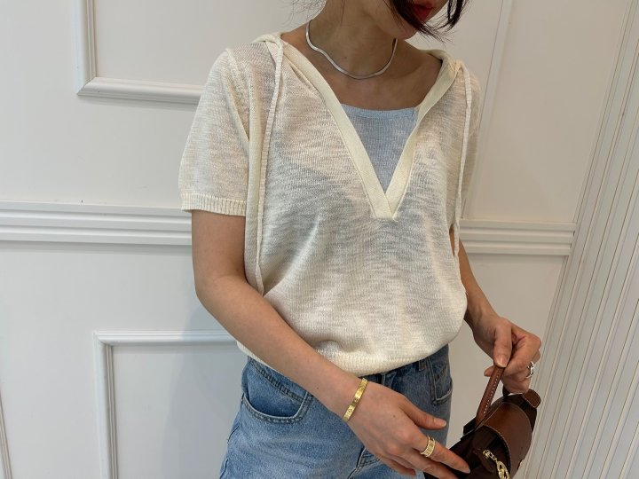 Pearls room - Korean Women Fashion - #womensfashion - Contrast Hood Short Sleeve Knit - 12