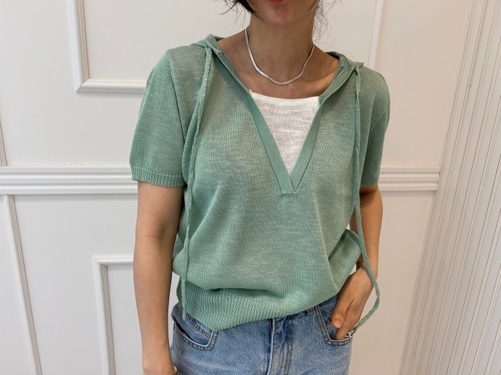 Pearls room - Korean Women Fashion - #womensfashion - Contrast Hood Short Sleeve Knit - 8