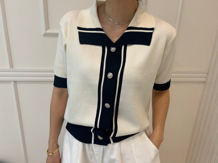 Pearls room - Korean Women Fashion - #womensfashion - Two-Tone Contrast Short Sleeve Knit Cardigan