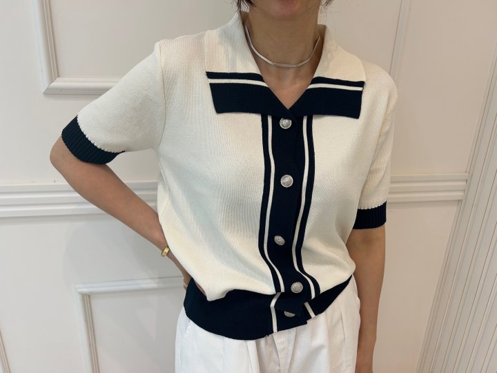 Pearls room - Korean Women Fashion - #womensfashion - Two-Tone Contrast Short Sleeve Knit Cardigan - 3
