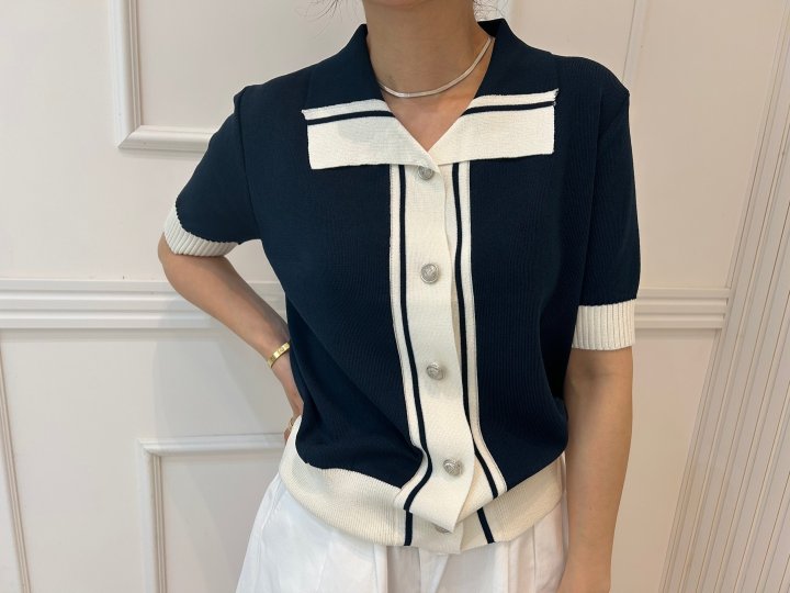 Pearls room - Korean Women Fashion - #womensfashion - Two-Tone Contrast Short Sleeve Knit Cardigan - 7