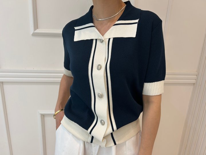 Pearls room - Korean Women Fashion - #womensfashion - Two-Tone Contrast Short Sleeve Knit Cardigan - 9