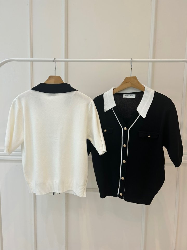 Pearls room - Korean Women Fashion - #womensfashion - Contrast V Collar Knit Cardigan - 12