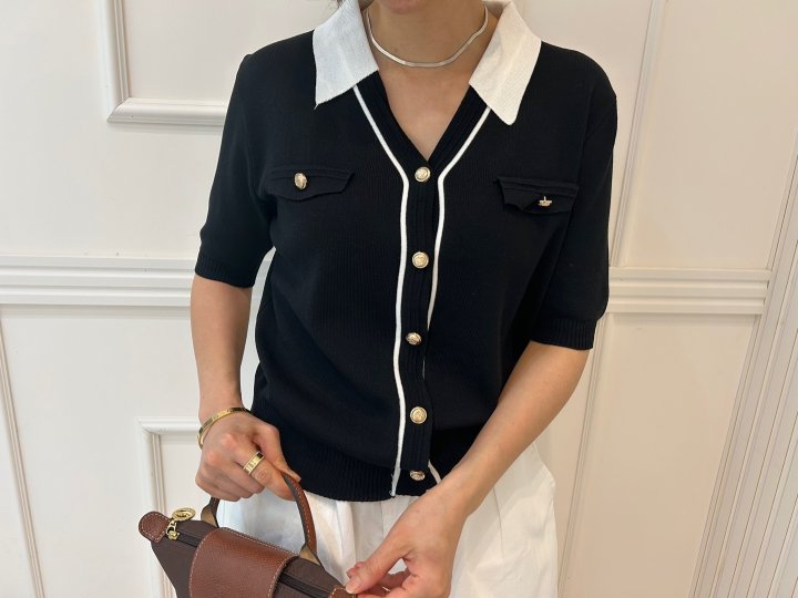 Pearls room - Korean Women Fashion - #womensfashion - Contrast V Collar Knit Cardigan - 2