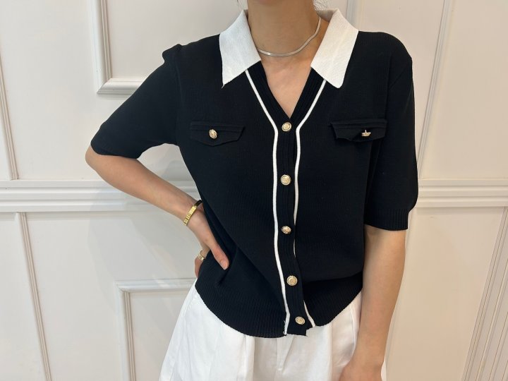 Pearls room - Korean Women Fashion - #momslook - Contrast V Collar Knit Cardigan - 4
