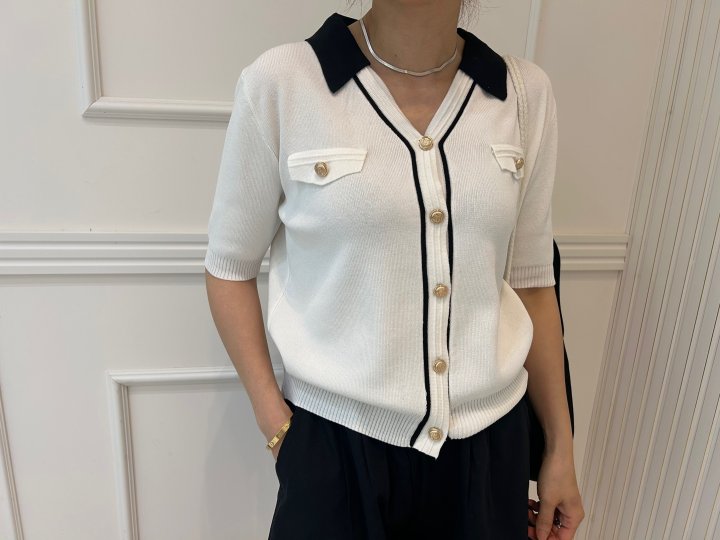Pearls room - Korean Women Fashion - #womensfashion - Contrast V Collar Knit Cardigan - 8