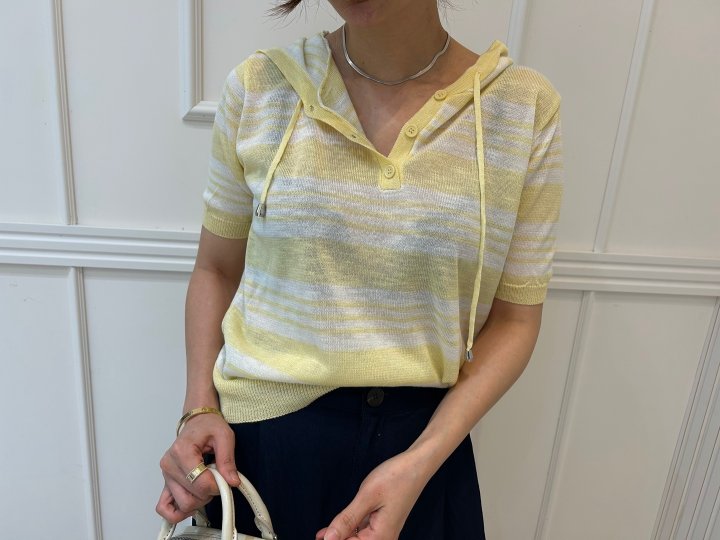 Pearls room - Korean Women Fashion - #womensfashion - Blanc Stripe Hoodie Short Sleeve Knit - 2