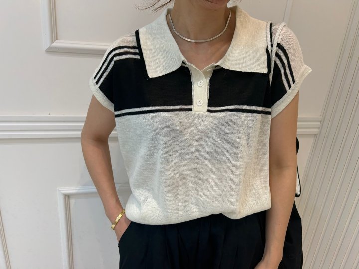 Pearls room - Korean Women Fashion - #momslook - Stripe Contrast Short Sleeve Knit - 4