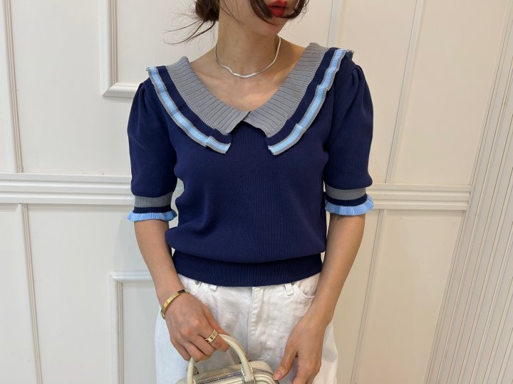 Pearls room - Korean Women Fashion - #womensfashion - Contrast V Frill Short Sleeve Knit - 12