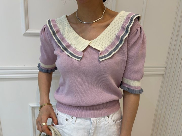 Pearls room - Korean Women Fashion - #womensfashion - Contrast V Frill Short Sleeve Knit - 2