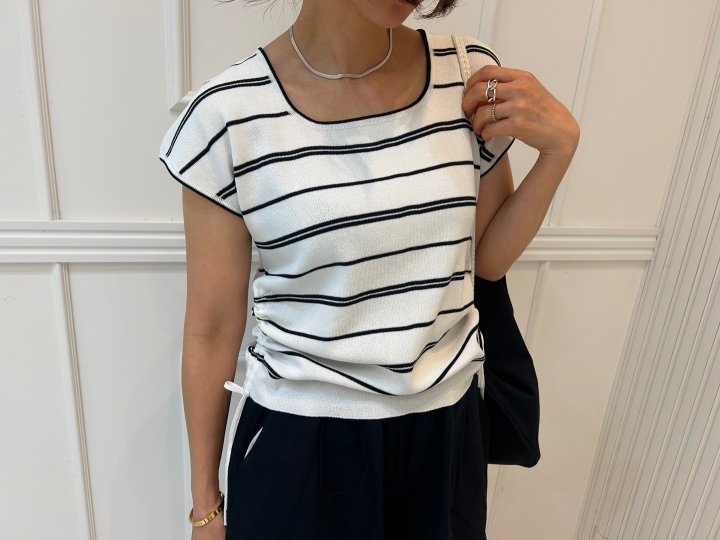 Pearls room - Korean Women Fashion - #womensfashion - Boat Neck String Short Sleeve Knit - 9