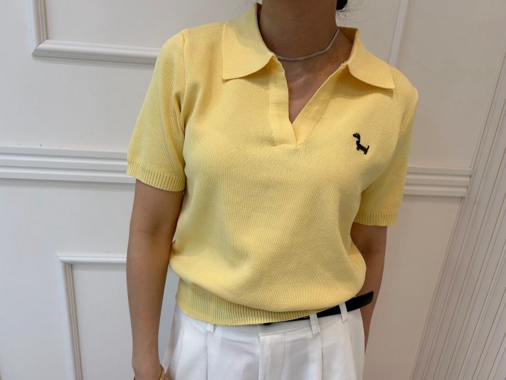 Pearls room - Korean Women Fashion - #momslook - Slit Short Sleeve  Embroidery Knit - 4