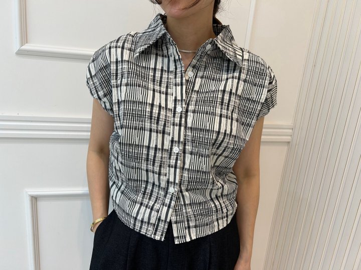 Pearls room - Korean Women Fashion - #womensfashion - Check Back Band Shirt
