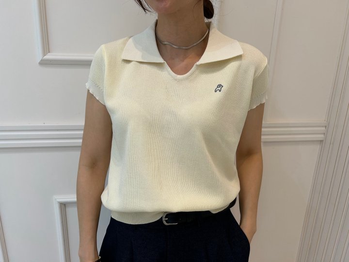 Pearls room - Korean Women Fashion - #womensfashion - Contrast Embroidery Short Sleeve Collar Knit - 11