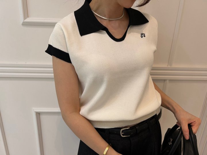 Pearls room - Korean Women Fashion - #womensfashion - Contrast Embroidery Short Sleeve Collar Knit - 3