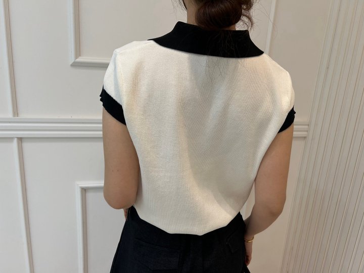 Pearls room - Korean Women Fashion - #womensfashion - Contrast Embroidery Short Sleeve Collar Knit - 5