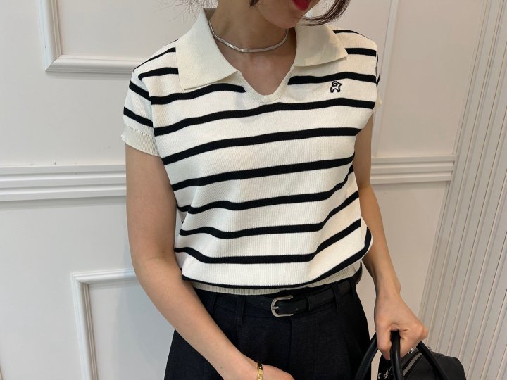 Pearls room - Korean Women Fashion - #womensfashion - Contrast Embroidery Short Sleeve Collar Knit - 7