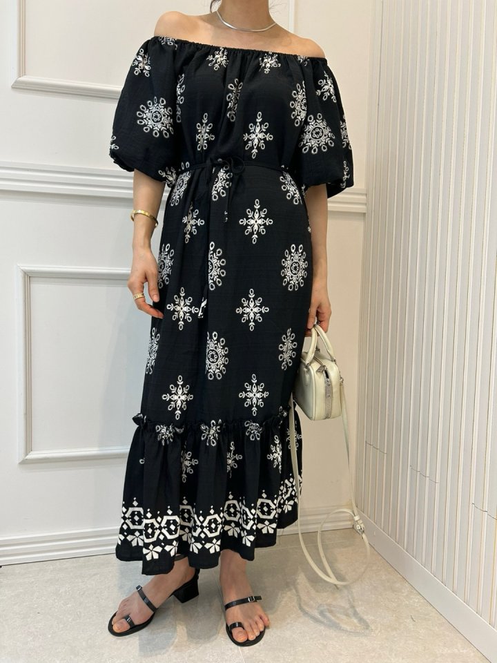 Pearls room - Korean Women Fashion - #womensfashion - Print Off-Shoulder One-piece