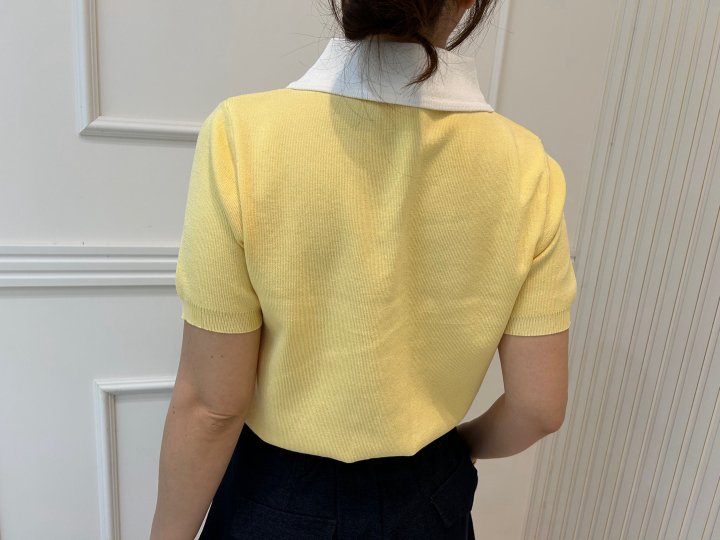 Pearls room - Korean Women Fashion - #momslook - Contrast Round Collar Short Sleeve Knit - 4
