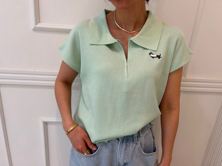 Pearls room - Korean Women Fashion - #womensfashion - Zipper Embroidery Short Sleeve Knit - 11