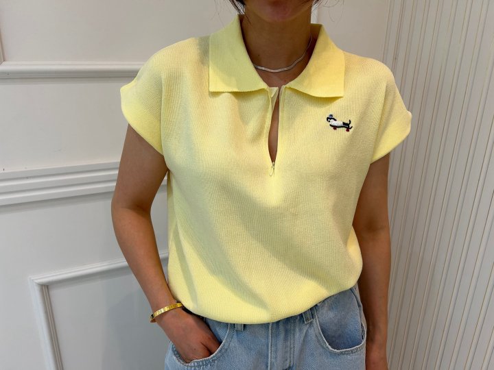 Pearls room - Korean Women Fashion - #womensfashion - Zipper Embroidery Short Sleeve Knit - 7