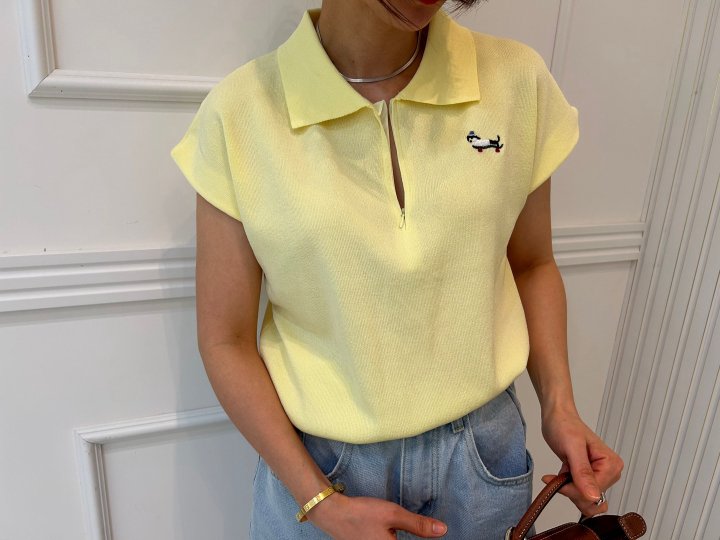 Pearls room - Korean Women Fashion - #womensfashion - Zipper Embroidery Short Sleeve Knit - 9