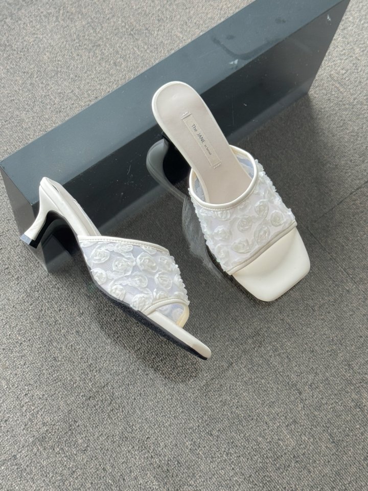 Vade - Korean Women Fashion - #thelittlethings - Flower Mesh Mule Sandals Heel - 4