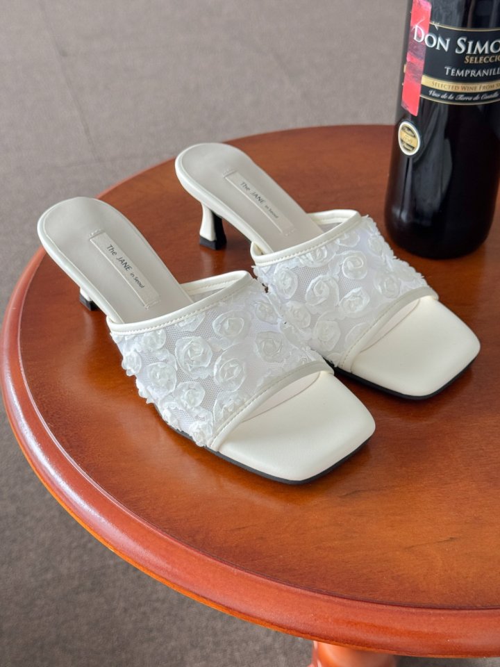 Vade - Korean Women Fashion - #momslook - Flower Mesh Mule Sandals Heel - 6