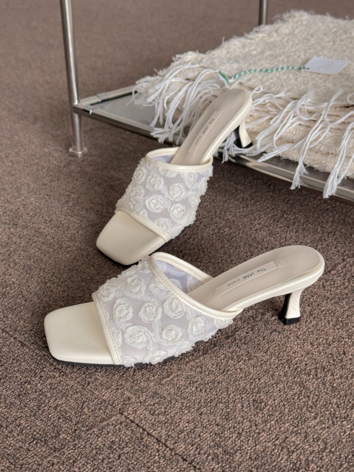 Vade - Korean Women Fashion - #momslook - Flower Mesh Mule Sandals Heel - 8