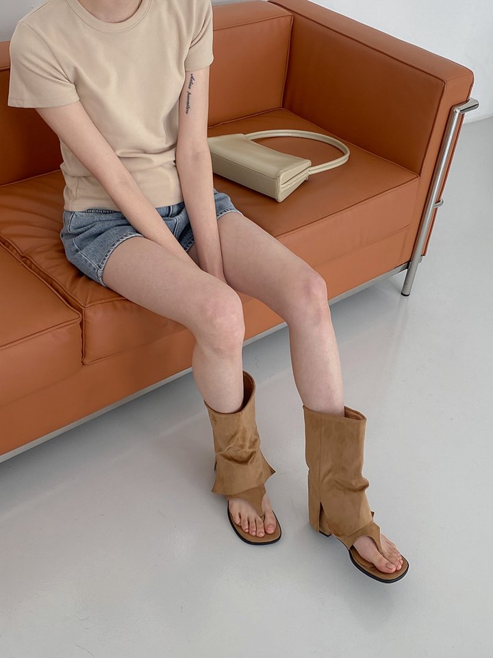 Vade - Korean Women Fashion - #momslook - Suede Open-Toe Boots Flip-Flop - 3