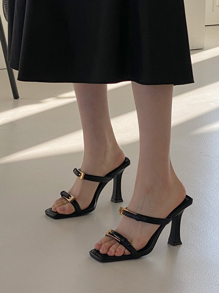 Vade - Korean Women Fashion - #momslook - Gold Strap Double Buckle Mules - 10