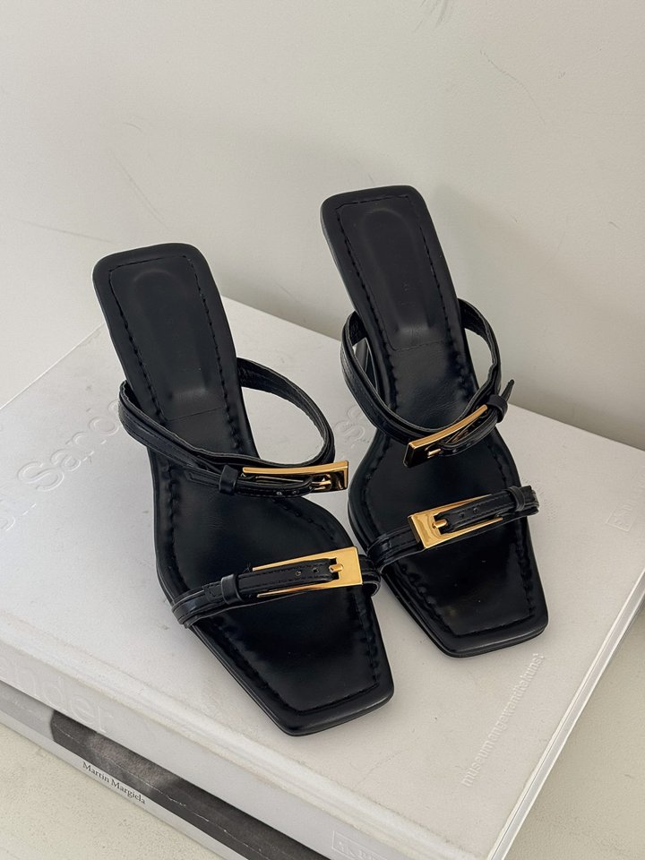 Vade - Korean Women Fashion - #momslook - Gold Strap Double Buckle Mules - 8